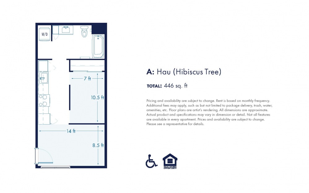 Hau - Affordable 80 - Studio floorplan layout with 1 bathroom and 446 - 449 square feet