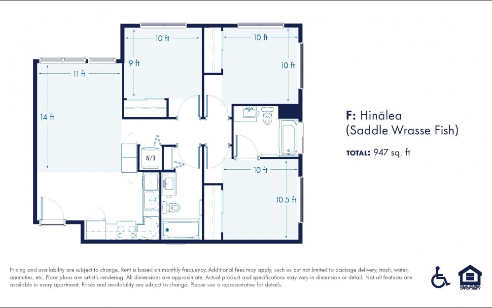 Hinālea - 3 bedroom floorplan layout with 2 baths and 947 square feet.