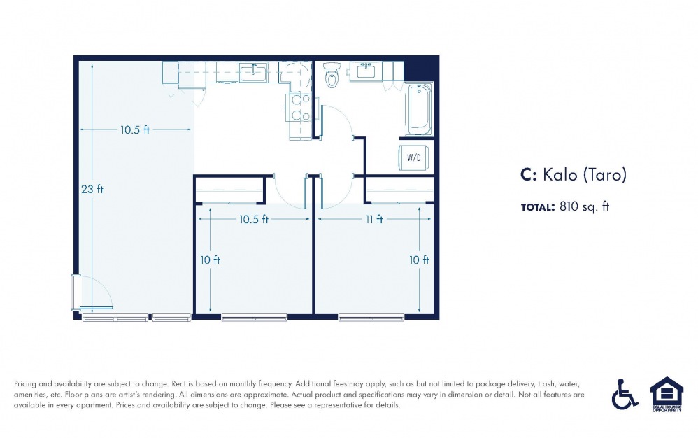 Kalo - Affordable 120 - 2 bedroom floorplan layout with 1 bathroom and 810 square feet