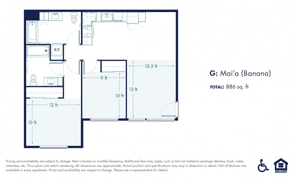 Mai‘a - 2 bedroom floorplan layout with 2 baths and 886 square feet.