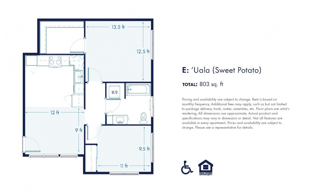 ‘Uala - Affordable 120 - 2 bedroom floorplan layout with 1 bathroom and 803 square feet