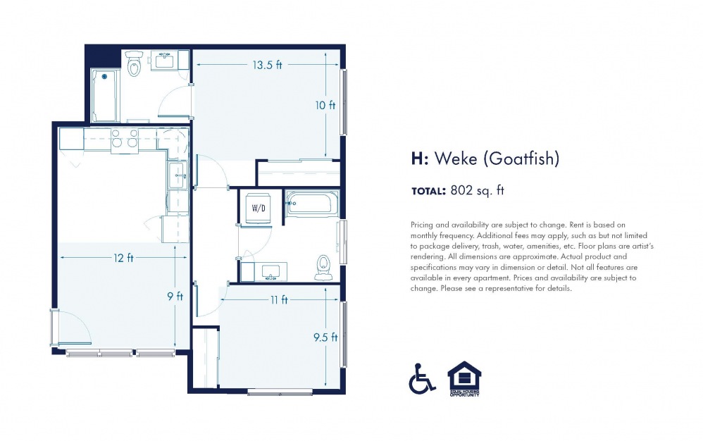 Weke - Affordable 140 - 2 bedroom floorplan layout with 2 baths and 802 square feet.